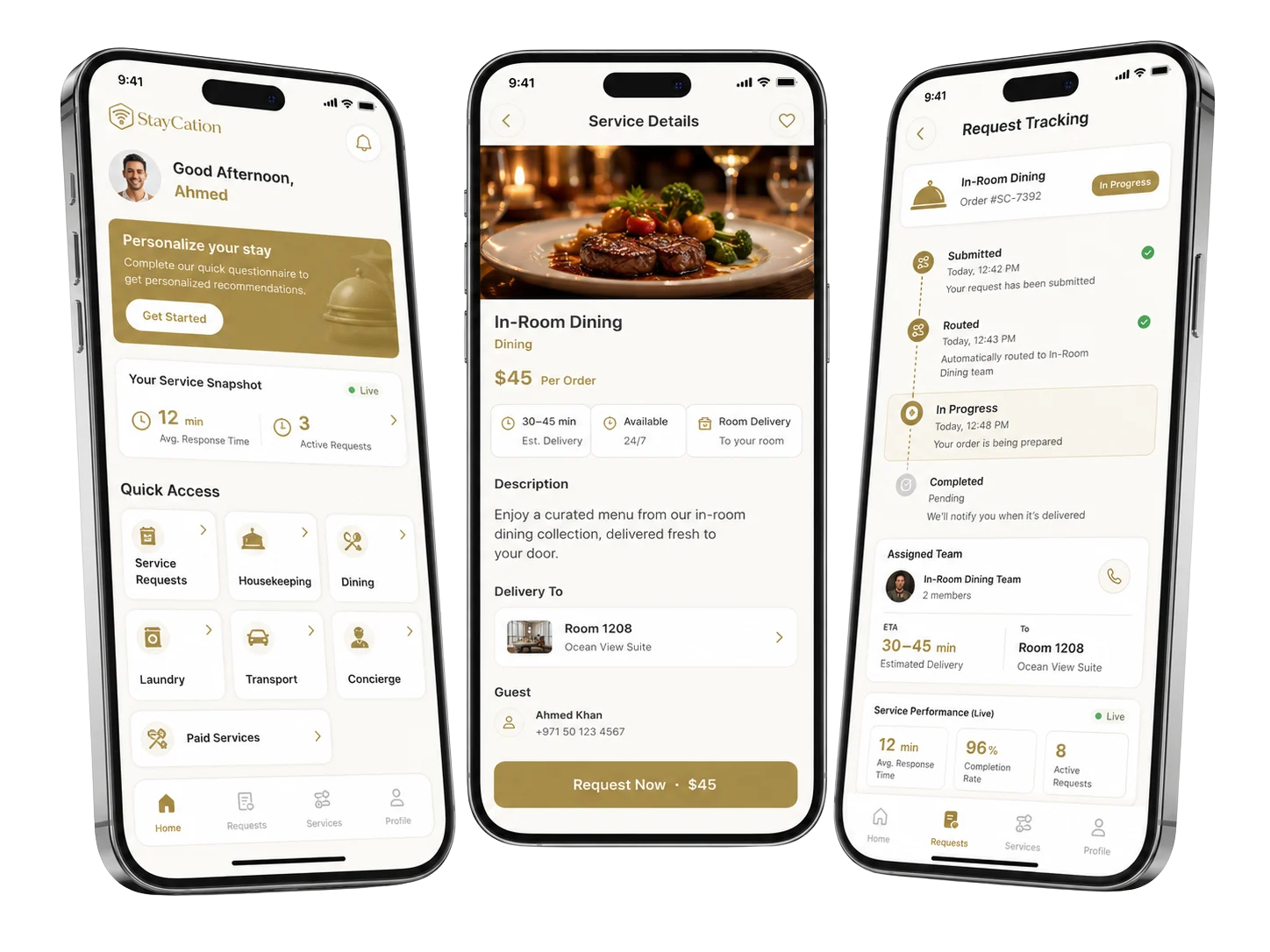 Service request tracking mobile application screens